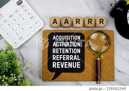 AARRR Acquisition, Activation, Retention, Referral, Revenue text with calculator, magnifying glass and alarm clock on marble background 139381244