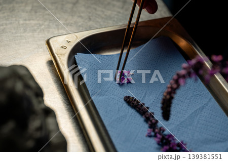 Lavender plating details. Artisanal lavender presentation on professional kitchen tray Lavender plating details. Artisanal lavender presentation on professional kitchen tray 139381551