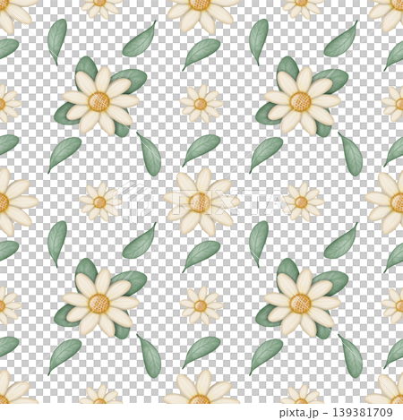 Seamless pattern of Daisy cartoon, transparent background. Hand drawn watercolor illustration. For menus, labels, paper, textiles and seasonal fabric. 139381709