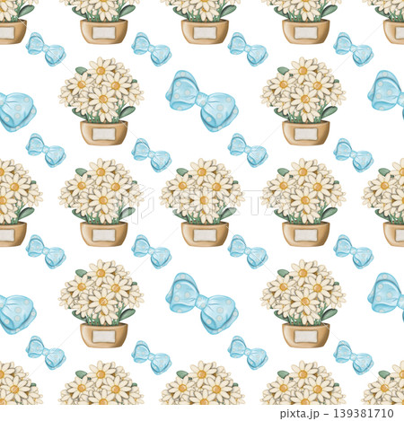 Seamless pattern of Daisy cartoon, transparent background. Hand drawn watercolor illustration. For menus, labels, paper, textiles and seasonal fabric. 139381710