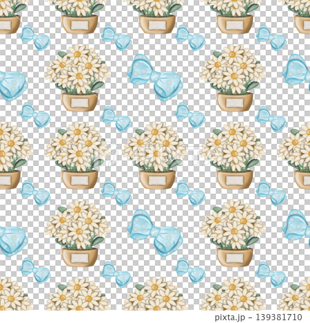 Seamless pattern of Daisy cartoon, transparent background. Hand drawn watercolor illustration. For menus, labels, paper, textiles and seasonal fabric. 139381710