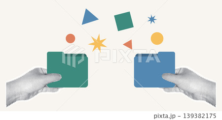 Trendy Halftone Collage of two halftone hands holding folders exchanging geometric shapes, symbolizing seamless data exchange and file transfer, ideal for technology and business content. Trendy Halftone Collage of two halftone hands holding folders exchanging geometric shapes, symbolizing seamless data exchange and file transfer, ideal for technology and business content. 139382175