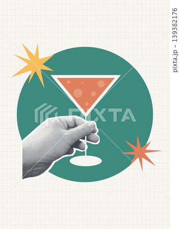 Trendy Halftone Collage of a halftone hand holding a martini cocktail glass with star burst elements, ideal for bar, restaurant, party, and beverage promotion content. Trendy Halftone Collage of a halftone hand holding a martini cocktail glass with star burst elements, ideal for bar, restaurant, party, and beverage promotion content. 139382176
