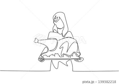 Minimalist single line drawing of a beautiful woman carrying a huge roasted turkey on plate. This amazing food concept works brilliantly for National Turkey Lovers Day culinary covers and banners. 139382218