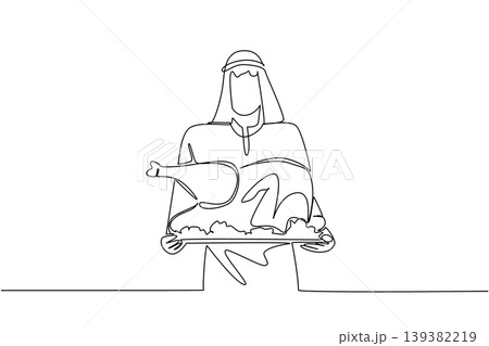 One line drawing displays a handsome Arabian man holding a large roasted turkey on big plate. This delicious food concept perfectly matches National Turkey Lovers Day restaurant ads and food menus. 139382219