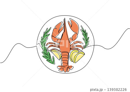 Painted single line drawing of a delicious lobster on a round plate with lemon, top view. This seafood concept is perfectly suited for National Lobster Day menus, ocean food posters, and blogs. Painted single line drawing of a delicious lobster on a round plate with lemon, top view. This seafood concept is perfectly suited for National Lobster Day menus, ocean food posters, and blogs. 139382226