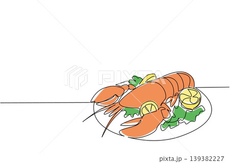 Beautiful one line drawing of a cooked lobster served on a plate with fresh greens and lemon. This delicious food concept fits National Lobster Day greeting cards, dining banners, and recipes. Beautiful one line drawing of a cooked lobster served on a plate with fresh greens and lemon. This delicious food concept fits National Lobster Day greeting cards, dining banners, and recipes. 139382227