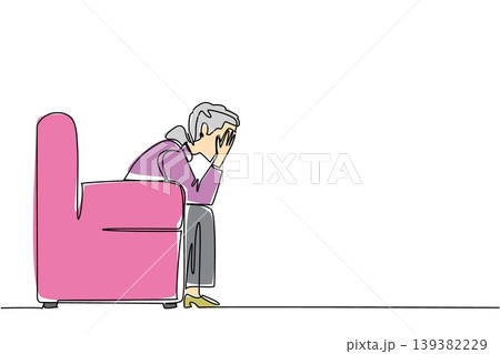 Tinted single line drawing of unhappy sad elderly woman resting on armchair covering her face with hands. Social isolation concept perfectly suits World Elder Abuse Awareness Day printed poster Tinted single line drawing of unhappy sad elderly woman resting on armchair covering her face with hands. Social isolation concept perfectly suits World Elder Abuse Awareness Day printed poster 139382229
