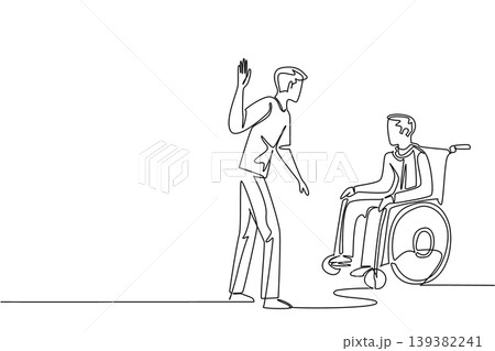 Simple continuous line drawing shows an angry young man about to hit face of old man sitting in wheelchair. This abuse concept fits brilliantly with World Elder Abuse Awareness Day community blogs. 139382241