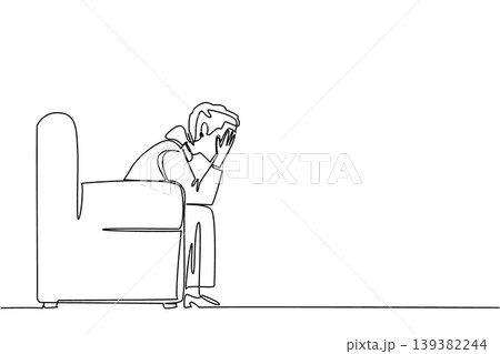 Continuous line drawing of depressed elderly woman sitting alone on comfortable armchair while covering her face with hands. Social isolation concept fits with World Elder Abuse Awareness Day flyers Continuous line drawing of depressed elderly woman sitting alone on comfortable armchair while covering her face with hands. Social isolation concept fits with World Elder Abuse Awareness Day flyers 139382244