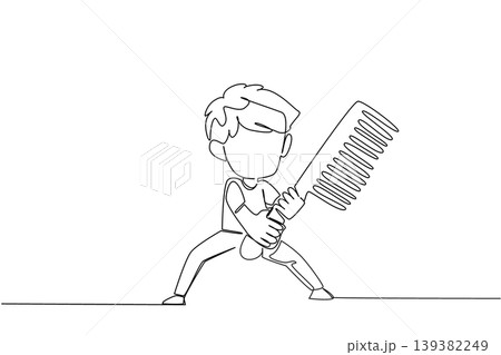 Awesome single line drawing displays a courageous young boy holding a giant comb in a fighting stance representing a pest action concept. It suits a National Bug Busting Day worksheet. 139382249
