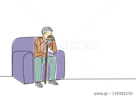 Continuous line draw of sad elderly man sitting alone on sofa while holding wooden stick. Abuse awareness concept perfectly suits World Elder Abuse Awareness Day poster and charity fundraising banner Continuous line draw of sad elderly man sitting alone on sofa while holding wooden stick. Abuse awareness concept perfectly suits World Elder Abuse Awareness Day poster and charity fundraising banner 139382250
