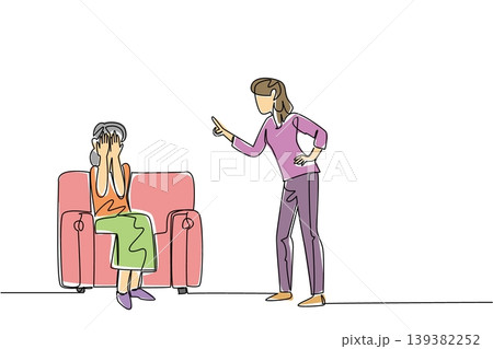 Colored one line draw showing young woman angrily scolding sad old woman on sofa who covered her face with palm. Family violence concept fits World Elder Abuse Awareness Day educational presentations Colored one line draw showing young woman angrily scolding sad old woman on sofa who covered her face with palm. Family violence concept fits World Elder Abuse Awareness Day educational presentations 139382252