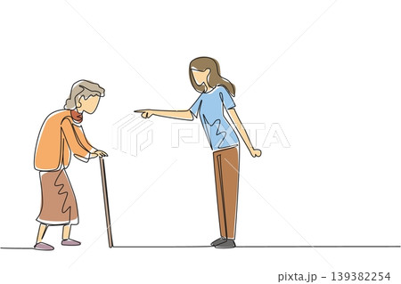 Single line drawing of an angry young woman shouting at a standing elderly lady with cane. Domestic conflict concept is great fit for World Elder Abuse Awareness Day advertising and online article Single line drawing of an angry young woman shouting at a standing elderly lady with cane. Domestic conflict concept is great fit for World Elder Abuse Awareness Day advertising and online article 139382254