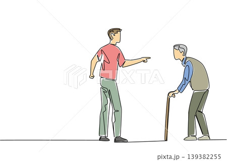 Continuous line drawing of an angry young man scolding sad standing hunched elderly man with wooden cane. Social problem concept is perfectly ideal for World Elder Abuse Awareness Day web articles 139382255