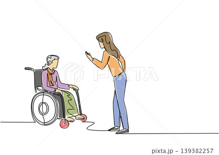 Colored one line draw of angry young woman ready to slap and scolding an sad elderly lady sitting in clinic wheelchair. Domestic problem concept perfectly fits World Elder Abuse Awareness Day banner Colored one line draw of angry young woman ready to slap and scolding an sad elderly lady sitting in clinic wheelchair. Domestic problem concept perfectly fits World Elder Abuse Awareness Day banner 139382257
