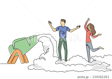 Continuous line drawing portrays a handsome young man and beautiful woman dancing near a bubble machine for a festival concept. This artwork perfectly fits a National Foam Party Day invitation. 139382261