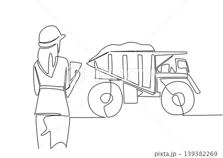 Continuous line drawing portrays a woman worker holding a clipboard next to a dump truck for a business concept, back view. It is perfectly made for an International Women in Mining Day web banner. 139382269