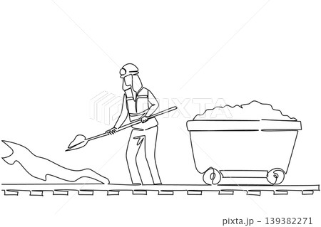Single line drawing shows a hardworking woman shoveling coal into a cart for a heavy industry concept. The artwork is beautifully crafted for an International Women in Mining Day leaflet. Single line drawing shows a hardworking woman shoveling coal into a cart for a heavy industry concept. The artwork is beautifully crafted for an International Women in Mining Day leaflet. 139382271