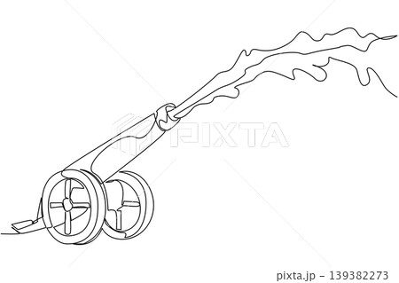 Clear single line drawing presents a foam cannon machine shooting large bubbles representing an entertainment concept. This graphic artwork is ideal for a National Foam Party Day coloring page. Clear single line drawing presents a foam cannon machine shooting large bubbles representing an entertainment concept. This graphic artwork is ideal for a National Foam Party Day coloring page. 139382273