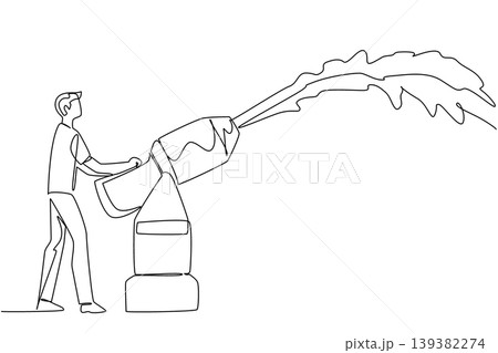 Detailed continuous line drawing shows a handsome young man operating a large foam cannon machine for an event concept. It is perfectly designed for a National Foam Party Day business brochure. Detailed continuous line drawing shows a handsome young man operating a large foam cannon machine for an event concept. It is perfectly designed for a National Foam Party Day business brochure. 139382274