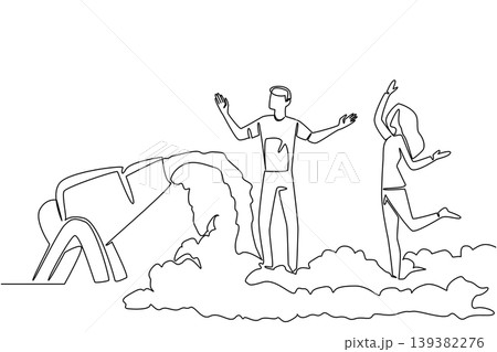 Creative single line drawing displays a handsome young man and a beautiful woman dancing near a bubble cannon for a party concept. It is perfect for a National Foam Party Day decorative poster. Creative single line drawing displays a handsome young man and a beautiful woman dancing near a bubble cannon for a party concept. It is perfect for a National Foam Party Day decorative poster. 139382276