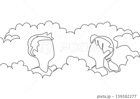 Single line drawing features a handsome young man and a beautiful woman surrounded by bubbles for a fun party concept. It is perfectly designed for a National Foam Party Day greeting card. 139382277