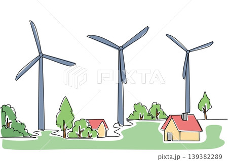 Continuous line drawing presents a nature landscape featuring a house and huge wind turbines for a farming concept. The unique graphic illustration perfectly suits a Global Wind Day cover. Continuous line drawing presents a nature landscape featuring a house and huge wind turbines for a farming concept. The unique graphic illustration perfectly suits a Global Wind Day cover. 139382289