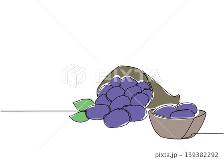 Continuous line drawing displays a paper bag overflowing with delicious prunes alongside a small bowl, representing a farming concept. The graphic visual perfectly suits a National Prune Day flyer. Continuous line drawing displays a paper bag overflowing with delicious prunes alongside a small bowl, representing a farming concept. The graphic visual perfectly suits a National Prune Day flyer. 139382292