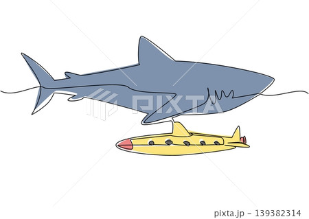 Continuous line drawing captures a giant megalodon shark over a yellow submarine representing an ocean exploration concept. Such wonderful visual perfectly fits a National Megalodon Day flyer. Continuous line drawing captures a giant megalodon shark over a yellow submarine representing an ocean exploration concept. Such wonderful visual perfectly fits a National Megalodon Day flyer. 139382314