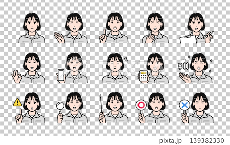 A set of business-appropriate facial expression icons of a young woman in work clothes. A set of business-appropriate facial expression icons of a young woman in work clothes. 139382330