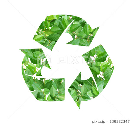 New life. Arrows recycle symbol and green leaf. Reuse, renewable resources. Eco-friendly, Ecology, go green, Green Energy, environmental, zero waste, responsible consumption concept. Isolated on white New life. Arrows recycle symbol and green leaf. Reuse, renewable resources. Eco-friendly, Ecology, go green, Green Energy, environmental, zero waste, responsible consumption concept. Isolated on white 139382347