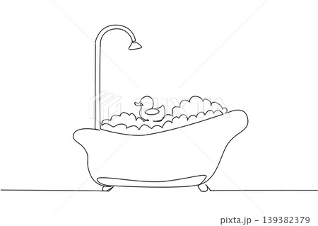Adorable one line drawing of a toy duck floating in a foam filled bathtub. This wonderful kids concept is an ideal fit for International Bath Day posters and children nursery wall art. 139382379