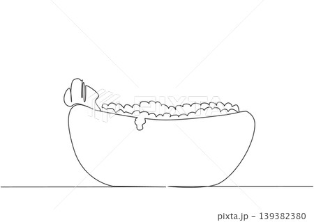 Continuous line drawing of a beautiful young woman enjoying a bubble bath in a tub. This beauty concept represents an amazing choice for International Bath Day social media posts and blog ads. Continuous line drawing of a beautiful young woman enjoying a bubble bath in a tub. This beauty concept represents an amazing choice for International Bath Day social media posts and blog ads. 139382380