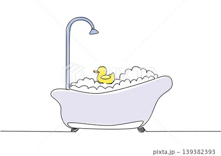 Continuous line drawing of a cute yellow rubber duck floating in a bubbly bathtub. This fun hygiene concept is wonderfully suited for International Bath Day posters and kids storybook covers. Continuous line drawing of a cute yellow rubber duck floating in a bubbly bathtub. This fun hygiene concept is wonderfully suited for International Bath Day posters and kids storybook covers. 139382393
