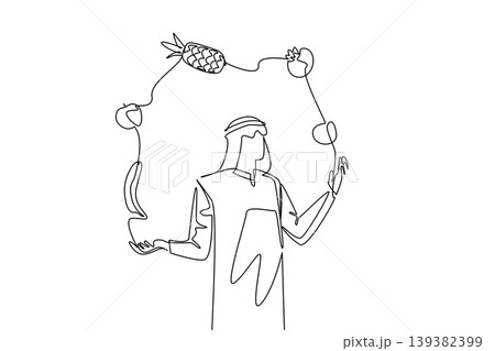 Elegant continuous line drawing of a young handsome Arabian man juggling organic fruits. This brilliant food concept works exceptionally well for a local World Juggling Day presentation poster. Elegant continuous line drawing of a young handsome Arabian man juggling organic fruits. This brilliant food concept works exceptionally well for a local World Juggling Day presentation poster. 139382399