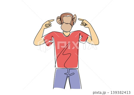 Continuous line drawing of a young handsome man with a funny monkey head mask pointing at his ears. This funny animal concept is perfectly suited for Monkey Around Day posters and kids storybooks. Continuous line drawing of a young handsome man with a funny monkey head mask pointing at his ears. This funny animal concept is perfectly suited for Monkey Around Day posters and kids storybooks. 139382413