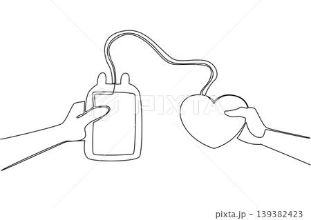 Single line drawing of hands holding a blood bag connected to a heart shape. This medical concept is perfect for World Blood Donor Day campaigns, hospital posters, and charity event flyers. Single line drawing of hands holding a blood bag connected to a heart shape. This medical concept is perfect for World Blood Donor Day campaigns, hospital posters, and charity event flyers. 139382423