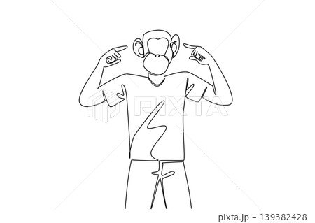 Minimal one line drawing of a handsome young man with a monkey head mask pointing to his ears. This funny animal listening concept is a wonderful addition to Monkey Around Day kids coloring pages. 139382428