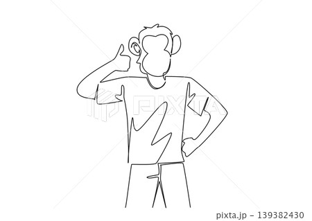 Simple single line drawing of a handsome young man with a funny monkey head mask doing a thumbs up sign. This positive animal concept is absolutely perfect for Monkey Around Day advertising flyers. Simple single line drawing of a handsome young man with a funny monkey head mask doing a thumbs up sign. This positive animal concept is absolutely perfect for Monkey Around Day advertising flyers. 139382430