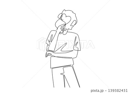 Attractive one line drawing of a young man with an animal monkey head mask standing and thinking. This smart idea concept works beautifully for Monkey Around Day blog graphics and posters. Attractive one line drawing of a young man with an animal monkey head mask standing and thinking. This smart idea concept works beautifully for Monkey Around Day blog graphics and posters. 139382431