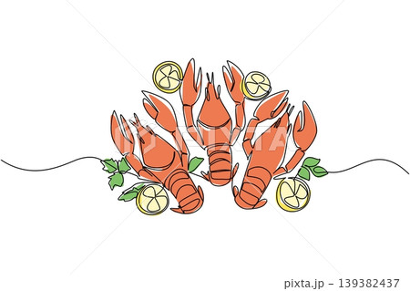 Gorgeous single line drawing of three lobsters arranged with lemon slices and celery. This rich seafood concept is highly ideal for National Lobster Day social media posts and culinary web blogs. Gorgeous single line drawing of three lobsters arranged with lemon slices and celery. This rich seafood concept is highly ideal for National Lobster Day social media posts and culinary web blogs. 139382437