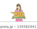 Tinted one line drawing of a beautiful woman serving a huge roasted turkey on giant plate. Great food concept is an excellent choice for National Turkey Lovers Day recipe cards and dining posters. 139382441