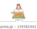 Colored continuous line drawing of an Arabian man holding a giant cooked turkey on big tray. Tasty food concept fits nicely with National Turkey Lovers Day catering banners and restaurant brochures. 139382442