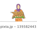 Single line drawing depicts a beautiful Arabian woman in hijab holding big roasted turkey on tray. This food concept is wonderfully suited for National Turkey Lovers Day flyers and dining web blogs. 139382443