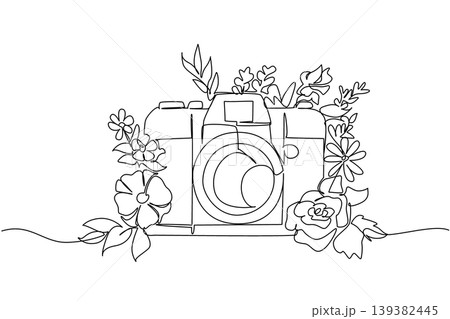 Beautiful single line drawing of a camera with blooming flowers around it as frame. This lovely photography concept is wonderfully suited for Nature Photography Day posters and art exhibitions. Beautiful single line drawing of a camera with blooming flowers around it as frame. This lovely photography concept is wonderfully suited for Nature Photography Day posters and art exhibitions. 139382445