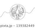 Minimalist continuous line drawing of delicious lobster on round plate, overhead view. This elegant marine concept perfectly suits National Lobster Day dining menus, recipe books, and restaurant ads. 139382449