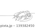 Simple single line drawing of a tasty lobster served on a plate with lemon and celery. This seafood concept is a wonderful fit for National Lobster Day art prints, culinary blogs, and dining banners. 139382450