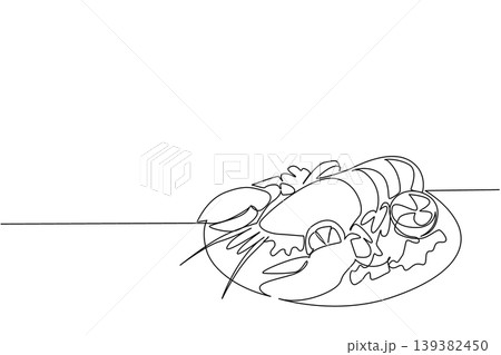 Simple single line drawing of a tasty lobster served on a plate with lemon and celery. This seafood concept is a wonderful fit for National Lobster Day art prints, culinary blogs, and dining banners. Simple single line drawing of a tasty lobster served on a plate with lemon and celery. This seafood concept is a wonderful fit for National Lobster Day art prints, culinary blogs, and dining banners. 139382450
