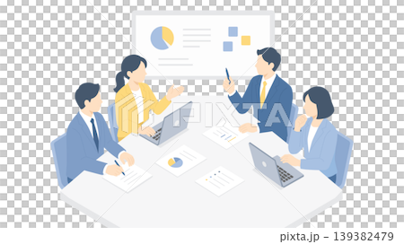 A business-related isometric illustration of a group of men and women giving a presentation in front of a whiteboard. 139382479